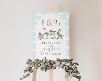 Letrero de bienvenida para baby shower de Toy Story, nube de dibujos animados editable (descarga digital)
