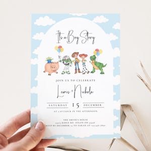ボーイストーリーのベビーシャワー招待状、トイストーリーのデジタル招待状と印刷可能な招待状、編集可能な少年漫画のクラウド招待状、ヴィンテージカウボーイワイルドウェスト