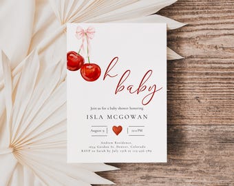 Baby Shower Invitation, Cherry on top Invite, Coquette Pink Bow Berries Digital Pink Bow Invite, Editable Cherry on Top Baby Shower Template