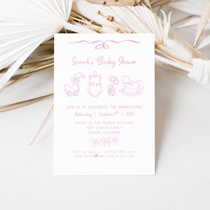 Baby Shower invitation, quirky hand drawn Baby Girl Shower invite, whimsical handwritten editable template, Bow Baby Shower, Pink Bow
