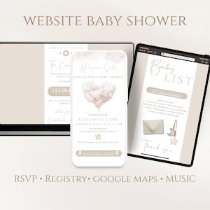 Puede incluir: Una invitación digital para baby shower que se muestra en una computadora portátil, un teléfono y una tableta. El teléfono presenta un gráfico de nube en forma de corazón. La tableta muestra una lista de nacimiento. El texto incluye "Website Baby Shower", "RSVP" y "Google Maps".