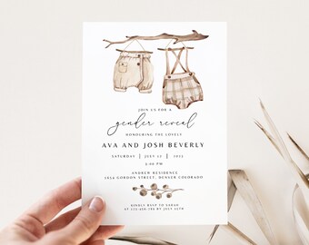 May include: A gender reveal invitation with a watercolor illustration of two baby onesies hanging on a branch. The text reads "Join us for a gender reveal honoring the lovely Ava and Josh Beverly, Saturday July 17, 2023, 3:00 PM, Andrew Residence, 1654 Gordon Street, Denver Colorado, Kindly RSVP to Sarah at 123-456-789 by July 15th."