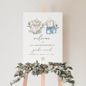 Boho Gender Reveal Welcome Sign, Greenery Editable Gender Reveal Sign Template, Vintage Baby Clothes Gender Reveal Welcome Sign Templett
