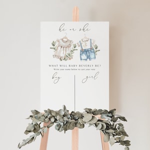 Editable Boho Gender Neutral Reveal Invitation, Vintage Baby Clothes What Will Baby Be Sign, Gender Guess Board He or She Gender Reveal Game