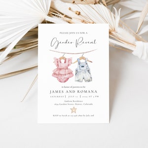 Boho Gender Reveal Invitation Template, Vintage Baby Clothes Invite (Digital Download) image 2