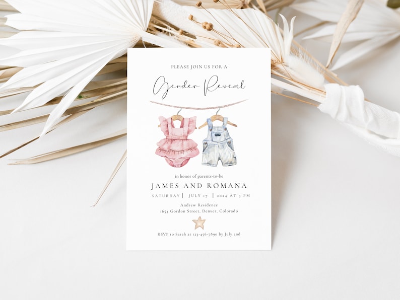 Boho Gender Reveal Invitation Template, Vintage Baby Clothes Invite (Digital Download) image 2