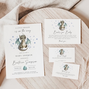Un pequeño dragón está en camino, invitación editable de baby shower de dragón, paquete de ducha de parejas neutrales de género imprimible, ducha temática de dragón