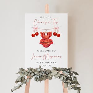 Baby Shower Welcome Sign, Cherry on top Sign, Coquette Pink Bow Berries Digital Pink Bow Sign, Editable Cherry on Top Welcome Sign Template