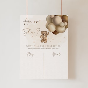Editable Boho Gender Neutral Reveal Invitation, Bear Balloon What Will Baby Be Sign, Gender Guess Board He or She Gender Reveal Game