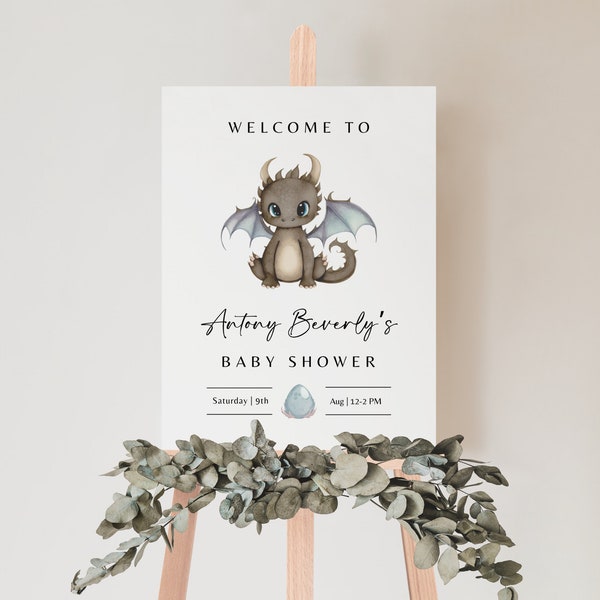 Un petit dragon est sur le chemin, panneau de bienvenue modifiable Dragon Baby Shower, modèle de thème imprimable signe dragon pour couples neutres en matière de genre