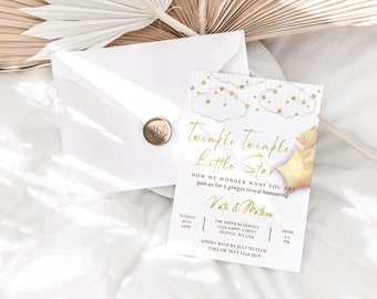 May include: A gender reveal invitation with a gold foil design. The invitation features a cute illustration of a bear sitting on a crescent moon with stars and clouds in the background. The text reads "Twinkle Twinkle Little Star" and "How we wonder what you are. Join us for a gender reveal honouring Kate & Matthew. Sunday, July 19th, from 1-5 PM. The Smith Residence, 1234 Happy Street, Seattle, WA 1234. Kindly RSVP by July to Ellie. Call or text 3234 5628."