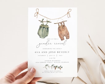May include: A gender reveal invitation with a watercolor illustration of baby clothes hanging on a clothesline. The invitation reads "Join us for a gender reveal honoring the lovely Ava and Josh Beverly. Saturday, July 17, 2023, 3:00 PM, Andrew Residence, 1654 Gordon Street, Denver Colorado. Kindly RSVP to Sarah at 123-456-789 by July 15th."