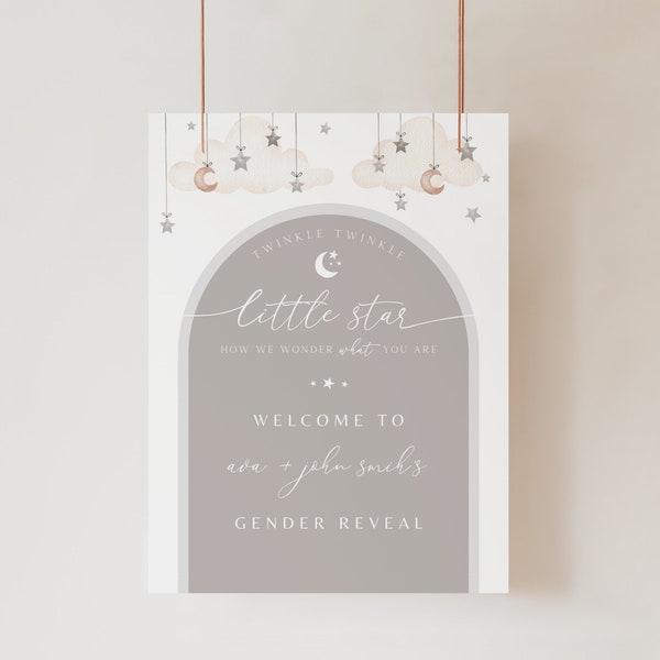 Twinkle Twinkle Little Star Gender Reveal Welcome Sign Template, Moon and Stars, Beige Clouds, He Or She, Boy Or Girl, Modern Arch Sign