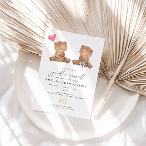 Editable Boho Bear Balloon Gender Reveal Printable Invitation Template, Football Editable Invite Template, He or she, Boy or Girl Templett