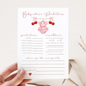 Paquete de baby shower con temática de cerezas, libros para bebé, invitación para rifa de pañales con cerezas en la parte superior, paquete digital con bayas y lazo rosa de Coquette, plantilla editable. imagen 8