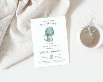 Dragon Baby Shower Invitation, Editable Mythical Creature Dragon Boy Baby Shower Invite, Printable A Little Dragon Magical Baby Shower