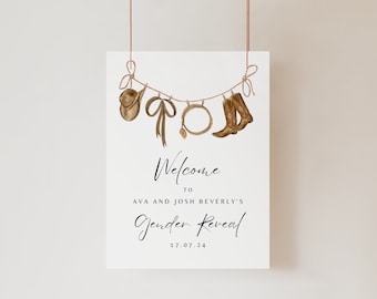 May include: A white sign with brown rope and clothespins hanging a cowboy hat, a bow, a lasso, and cowboy boots. The sign reads "Welcome to Ava and Josh Beverly's Gender Reveal 17.07.24".