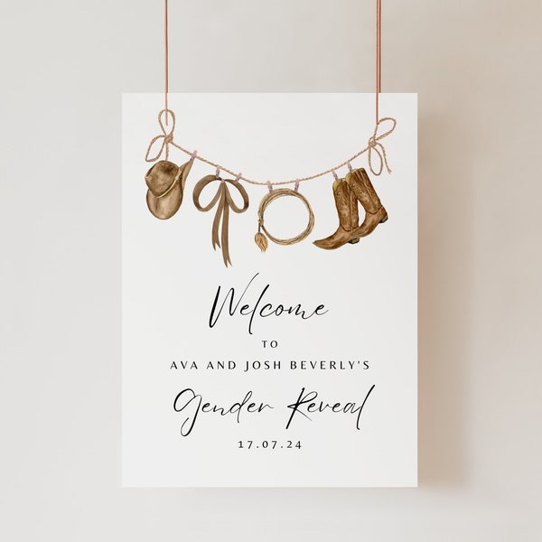 Boho Gender Reveal Welcome Sign, Cowboy Rustic Sign Template, Editable Boots or Bows Baby Clothes Wild West Printable Western Sign