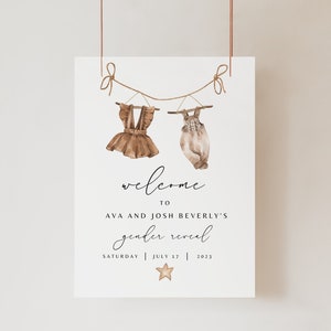 Boho Gender Reveal Welcome Sign, Editable Gender Reveal Sign Template, Vintage Baby Clothes Gender Reveal Welcome Sign Templett