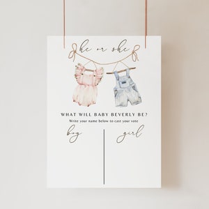 Invitación editable de revelación neutral de género boho, ropa de bebé vintage ¿Qué será el signo del bebé? Tablero de adivinanzas de género Él o ella juego de revelación de género