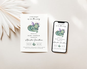 Dragon Baby Shower Invitation, Editable Mythical Creature Dragon Boy Baby Shower Invite, Printable A Little Dragon Magical Baby Shower