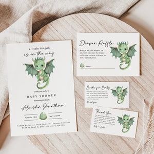 Ein kleiner Drache ist unterwegs, bearbeitbare Drachen-Babypartyeinladung, druckbares geschlechtsneutrales Paare-Dusche-Bundle, Drachen-Themadusche