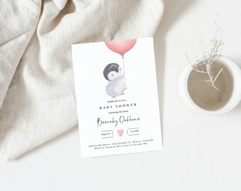 May include: A baby shower invitation featuring a cute cartoon penguin holding a pink balloon. The invitation reads "Kindly join us for a Baby Shower honouring the lovely Barnaby Oakhone August 9, 1:30 PM Andrew Residence, 1654 Gordon St., Denver, Colorado RSVP to Sarah by July 15th at 123-456-789"
