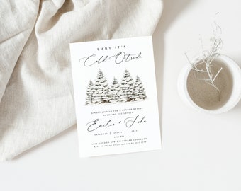 May include: A winter-themed baby shower invitation with a watercolor illustration of snow-covered pine trees. The text reads "Baby It's Cold Outside" and includes the names "Exile & Joha" and the date "Saturday, July 31, 2023".