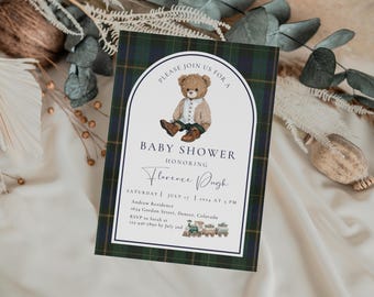 Invitación editable para baby shower de Polo Teddy, cuadros clásicos neutros, diseño ecuestre de tartán, osito de peluche Lauren, plantilla editable, Canva