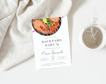 Invitación para baby shower con barbacoa: Baby-Q en el patio, género neutro (plantilla imprimible)