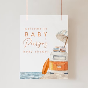 Baby on Board Welcome Sign Surf Beach Baby Shower Editable Sign Template, Summer Baby Shower Printable Sign, Retro Sign