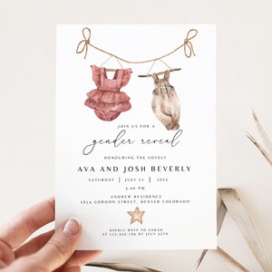 Boho Gender Reveal Einladung, bearbeitbare Gender Reveal Einladungsvorlage, Vintage Baby Kleidung Gender Reveal Einladung Templett