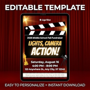 Lights Camera Action Red Carpet Movie Invitation – Editable Film-Themed Flyer for Events and Fundraisers