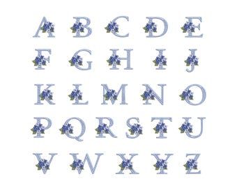 May include: A complete set of twenty-six alphabet letters from A to Z, each featuring a light blue and white gingham pattern. Every letter is decorated with a small cluster of blue flowers and green leaves attached to the side.