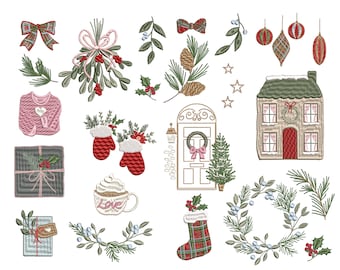 May include: A collection of Christmas embroidery designs featuring a house, a door, a stocking, a wreath, a cup of hot chocolate, a present, a sweater, mistletoe, a bow, ornaments, and pine branches.