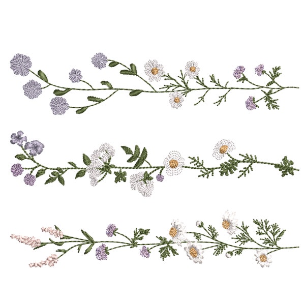 3 Delicate Wildflower Borders Machine Embroidery Design, Botanical Flower Border Pattern Instant Download Zip - 6 sizes