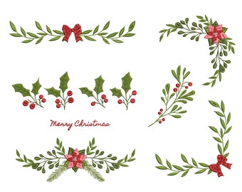 May include: A set of six digital embroidery designs featuring various Christmas-themed floral arrangements. The designs include holly sprigs, poinsettia flowers, and bows, all in shades of green and red.