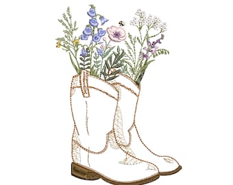 Cowgirl Westernlaarzen Wildflower Borduurpatroon, Digitaal Patroon (Direct Downloaden, 5 Maten)