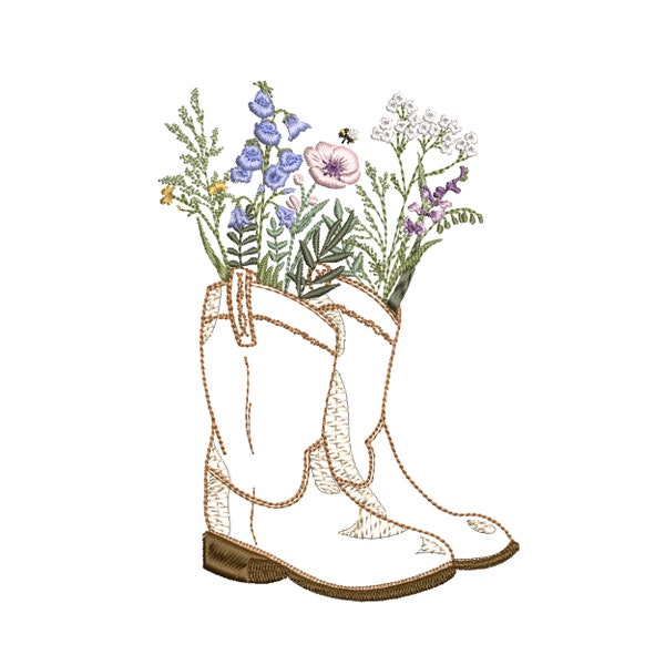 Cowgirl Wildflower Western Boots Machine Embroidery Design, Botanical Flower Shoes Pattern Instant Download Zip File - 5 sizes