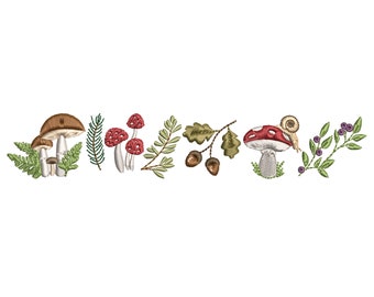 Magical Forest Border Machine Embroidery Design, Mushroom Pattern Instant Download Zip - 6 sizes
