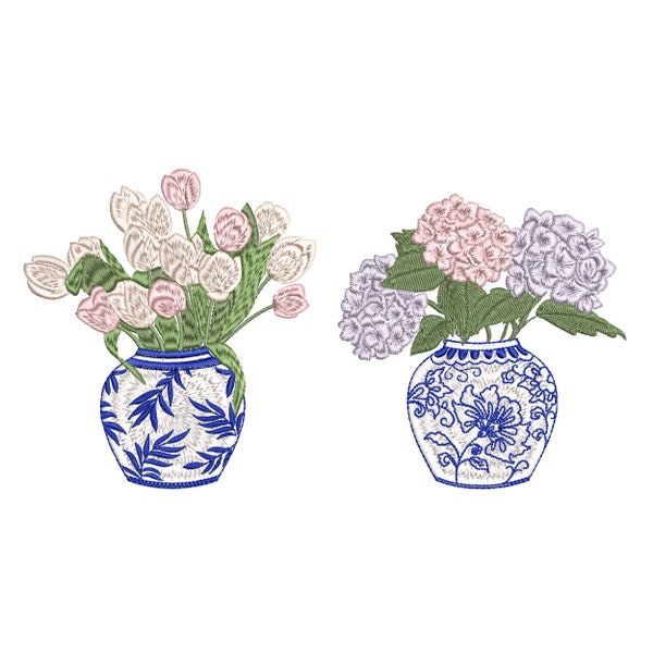 Chinoiserie Tulip and Hydrangea Vase Machine Embroidery Design Set, Blue and White Flower Pattern Instant Download Zip - 7 sizes