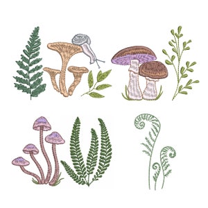 4 Cottagecore Fern and Mushroom Elements Machine Embroidery Design, Forest Pattern Instant Download Zip - 5 sizes