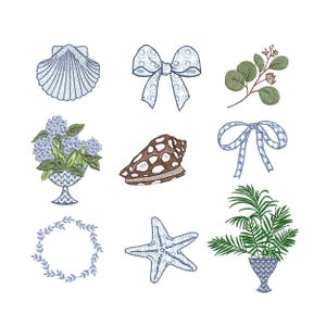 Tiny Coastal Machine Embroidery Design Elements, Mini Hydrangea Eucalyptus Bow Seashell Pattern Collection Download Zip, 7 sizes