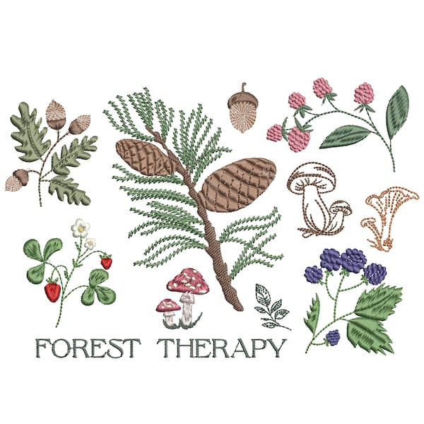 Paquete de diseños de bordado a máquina "Terapia Forestal", 11 elementos, diseño botánico de flor, baya, hongo y piña - Descarga instantánea con zip - 5 tamaños