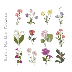 12 Geburtsmonate Blumen Set, Maschinenstickerei, Floral Botanische Mini Wildblumen Muster Instant Download Zip - 6 Größen