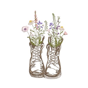 Wildflower Boots Machine Embroidery Design, Botanical Flower Shoes Pattern Instant Download Zip - 8 sizes