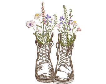 Wildflower Boots Machine Embroidery Design, Botanical Flower Shoes Pattern Instant Download Zip - 8 sizes