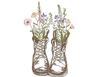 Wildblumen Stiefel Maschinenstickerei Design, botanische Blumen Schuhe Muster Instant Download Zip - 8 Größen