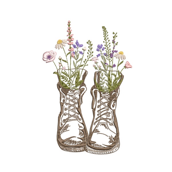 Wildblumen Stiefel Maschinenstickerei Design, botanische Blumen Schuhe Muster Instant Download Zip - 8 Größen