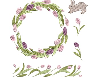 Tulip Flower Wreath, Border, Bunny Machine Embroidery Design- 6 sizes (Instant Download Zip)
